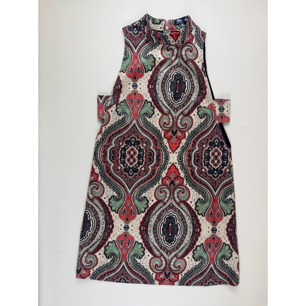 Boho Retro Paisley Mini Dress Mock Neck Side Straps Size S Fashion‎ Union